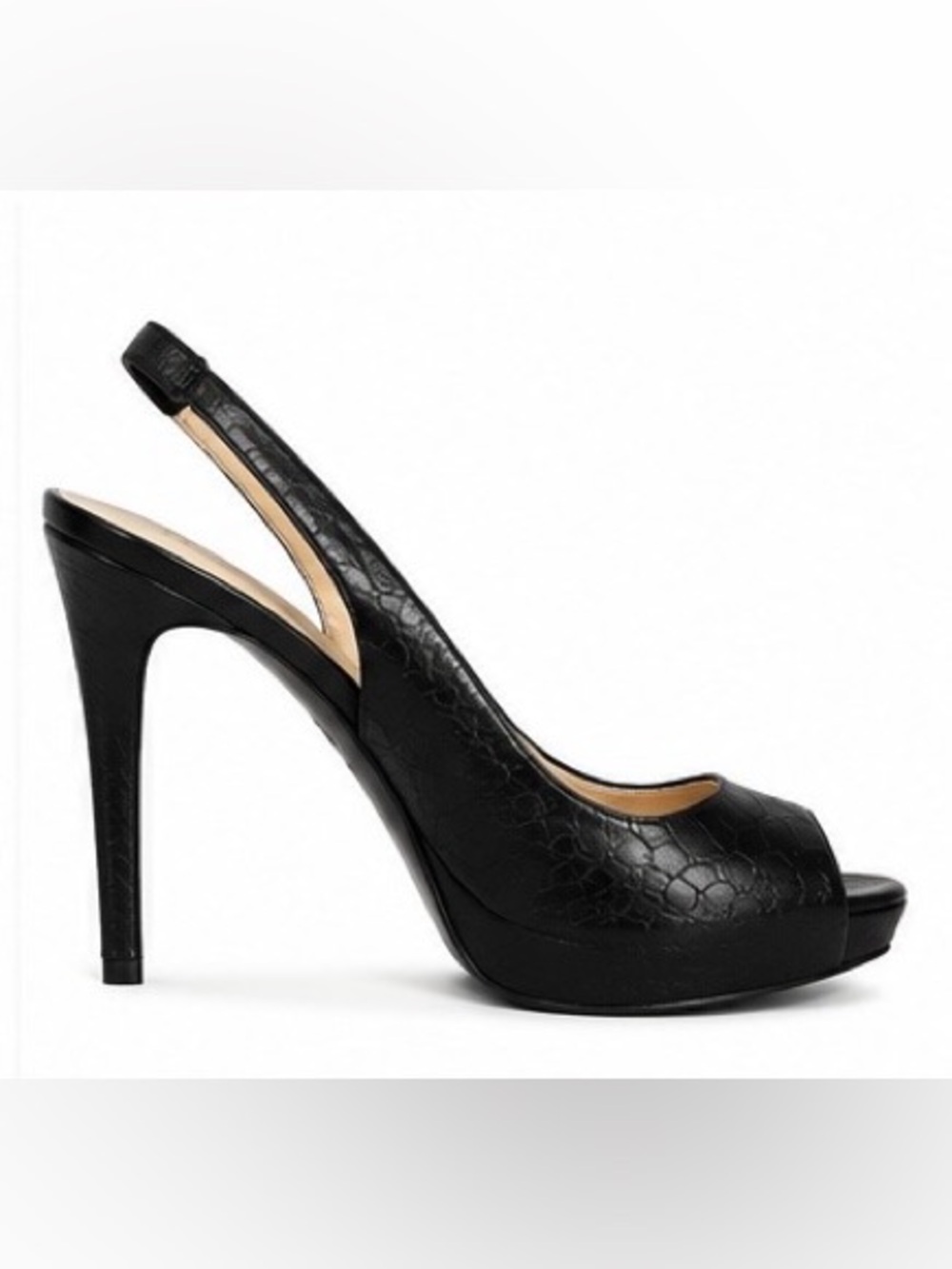 GUESS Black Snakeskin Embossed Peep Toe Platform Slingback Heels Size 6 - Picture 7 of 15